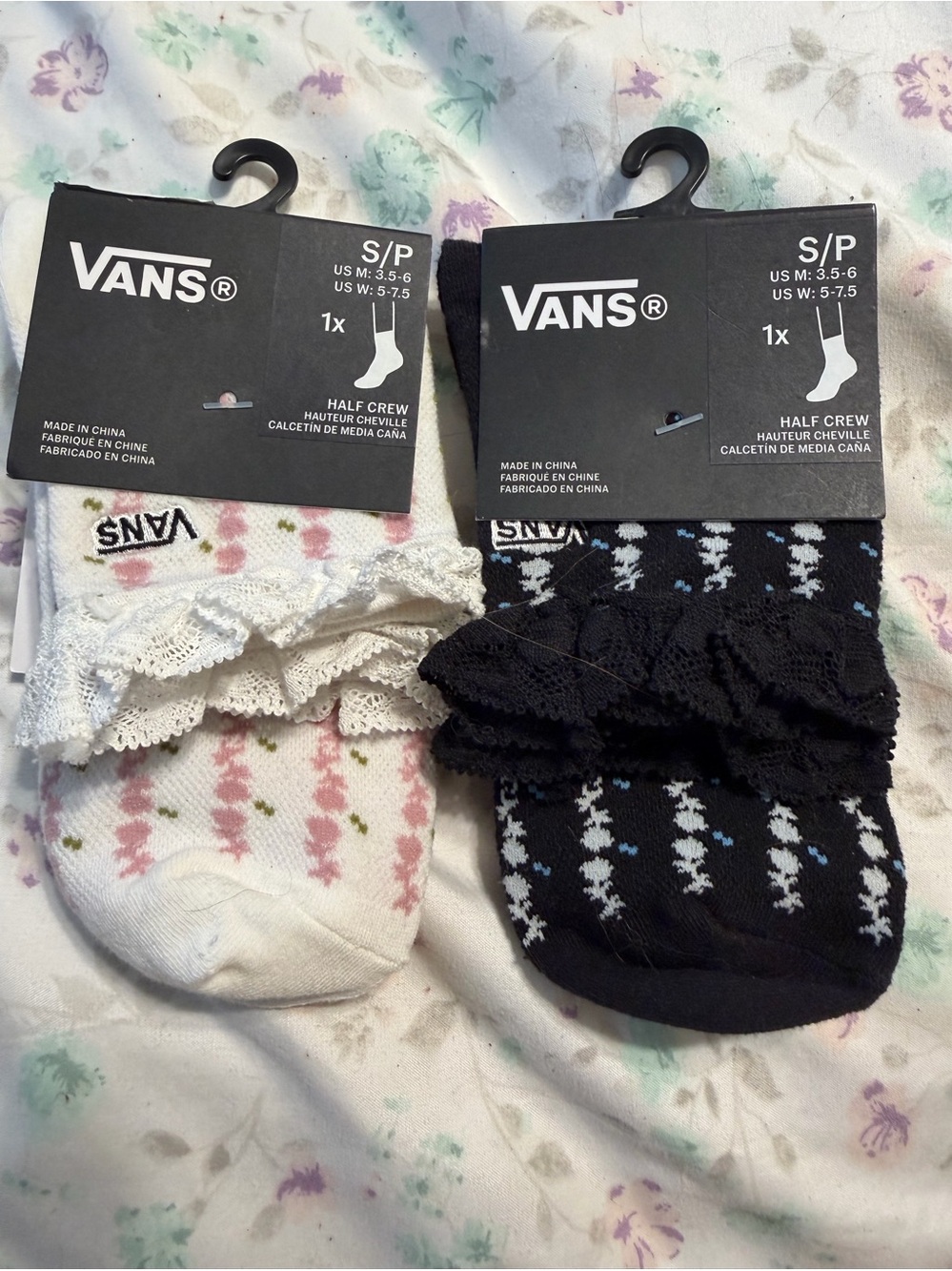 Vans Women's Half Crew Ruffle Socks - White & Black with Pink/Blue Accents 5-7.5